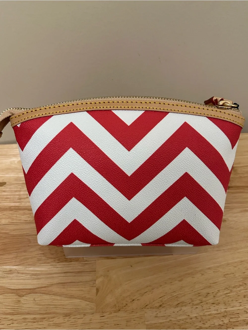 Dooney & Bourke Red and White Chevron Pouch with Tan Trim
